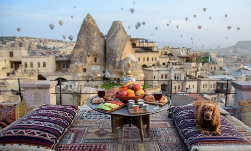 a view from a roof of cappadocia cavern hotels, you can stay in fairy towers with our tour packages